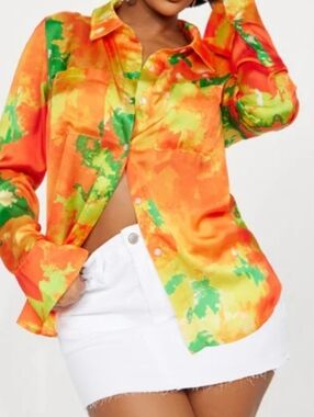 Fashion Nova Orange & Green Satin Button-Down Shirt